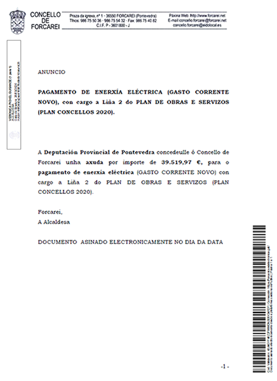 PAGAMENTO DE ENERXÍA ELÉCTRICA (GASTO CORRENTE NOVO), con cargo a Liña 2 do PLAN DE OBRAS E SERVIZOS (PLAN CONCELLOS 2020). 